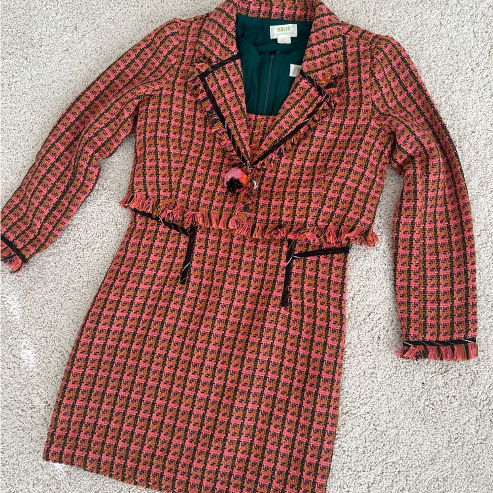 Anthropologie Maeve Tweed Dress Jacket Pom Fringe Metallic Accent Set size 0